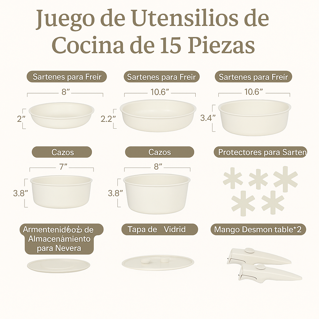 JUEGO DE OLLAS 15 PIEZAS MINIMALISTA ANTIAHDERENTE