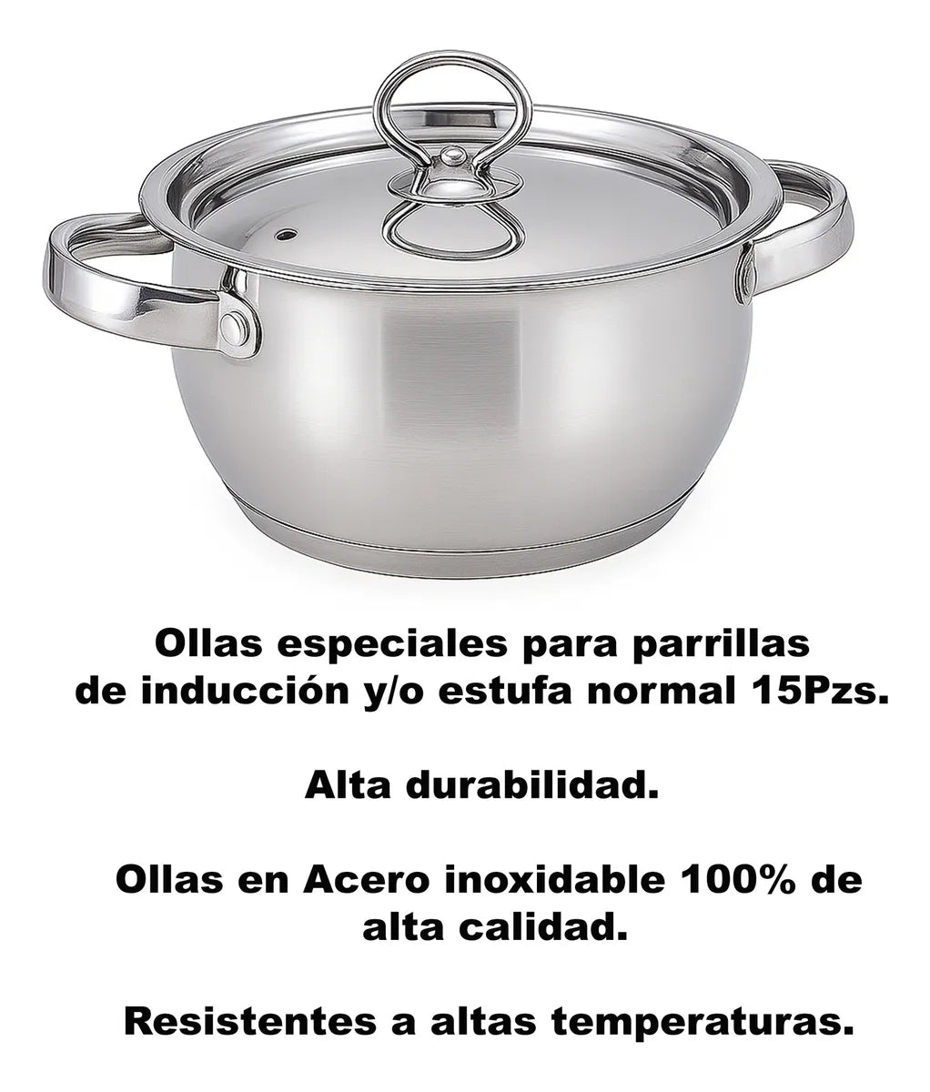 Juego De Ollas, Set De Cocina En Acero Renahouse 15 Piezas